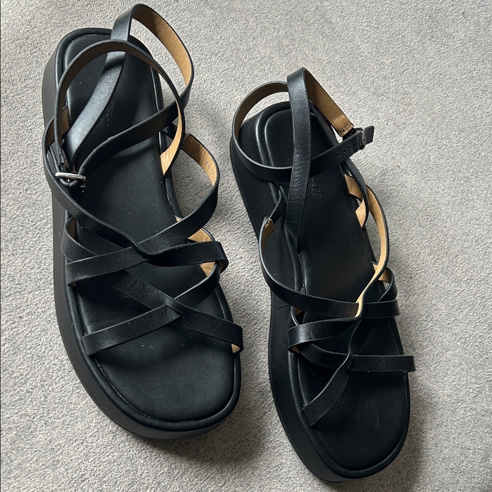 Madewell Black Leather Strappy Flat Sandals 7.5